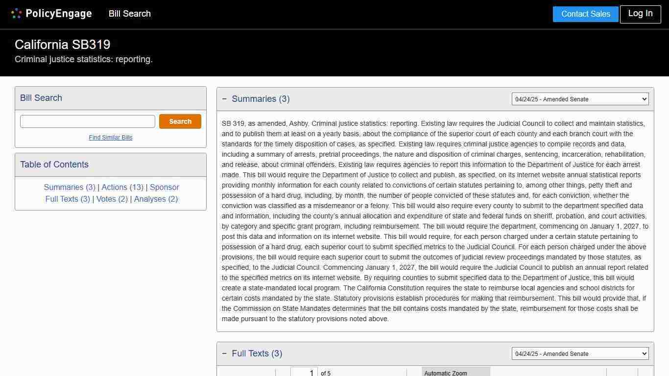 SB319 | California 2025-2026 | Criminal justice statistics: reporting. - Legislative Tracking | PolicyEngage